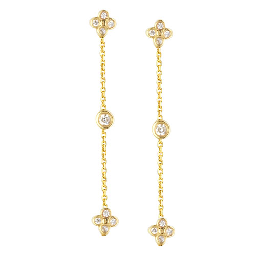 14k Yellow Gold 1/8 ct tw Diamond Bezel and Cluster Dangle Earrings
