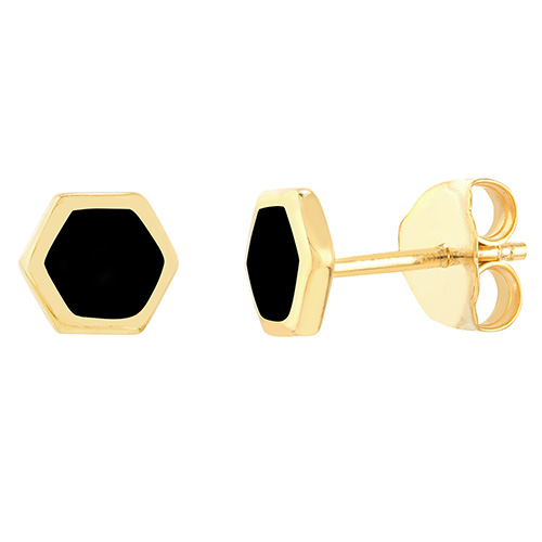 14k Yellow Gold Black Enamel Hexagon Stud Earrings