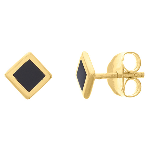 14k Yellow Gold Black Enamel Square Stud Earrings