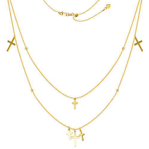 14k Yellow Gold Layered Dangle Crosses Duet Necklace 22in