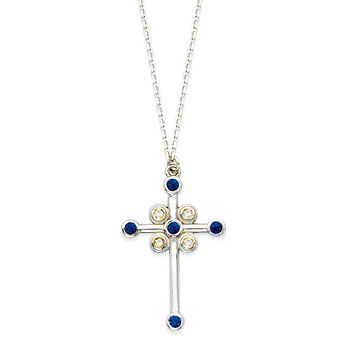 14k White Gold Ornate Diamond Sapphire Cross Necklace 18in