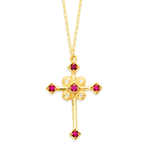 14k Yellow Gold Ornate Diamond Ruby Cross Necklace 18in