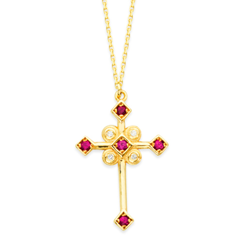 14k Yellow Gold Ornate Diamond and Ruby Cross Necklace 18in