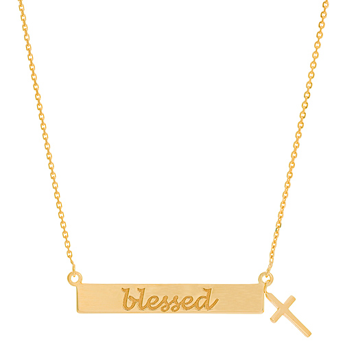 14k Yellow Gold Blessed Bar with Dangle Cross Necklace 18in