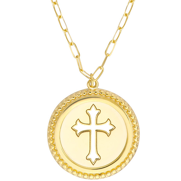 14k Yellow Gold Round Cut-out Budded Cross Medal Necklace