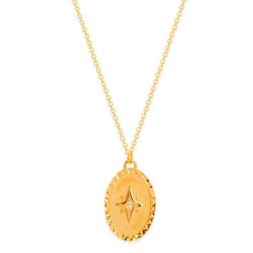 14k Yellow Gold .01 ct tw Diamond Oval Medallion Star Necklace