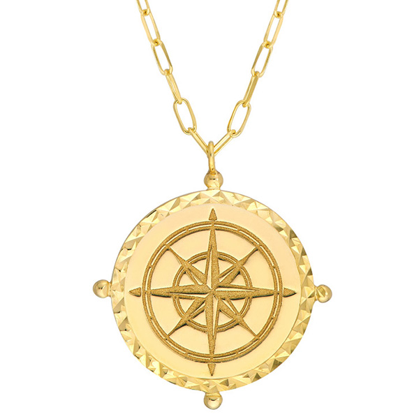 14k Yellow Gold Round Compass Paper Clip Link Necklace