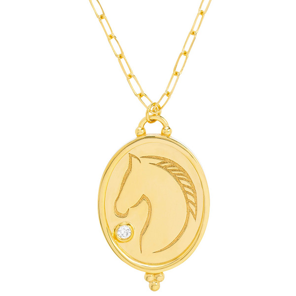 14k Yellow Gold .03 ct tw Diamond Oval Horse Necklace