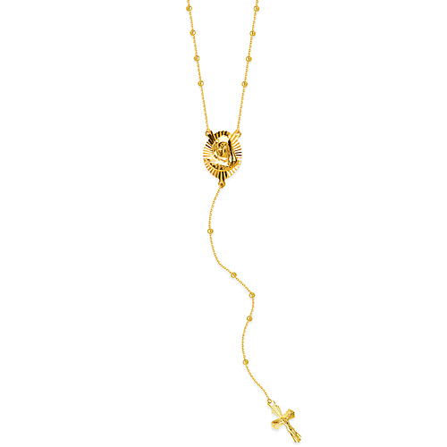 14k Yellow Gold Virgin Mary Rosary Bead Necklace 22in