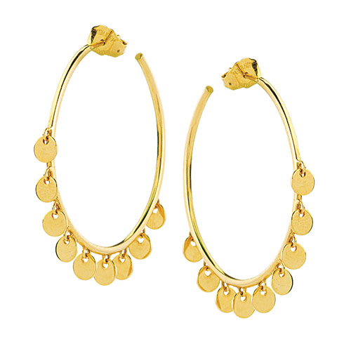 14k Yellow Gold Open Round Hoop Earrings With Dangle Disks