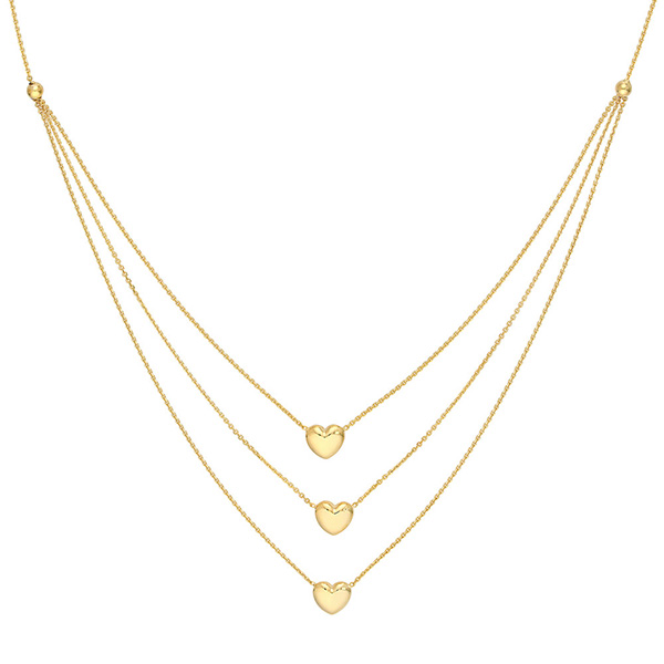14k Yellow Gold Three Puffed Hearts Station Three Strand Necklace