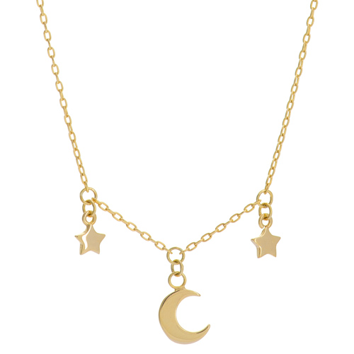 14k Yellow Gold Crescent Moon and Two Stars Necklace