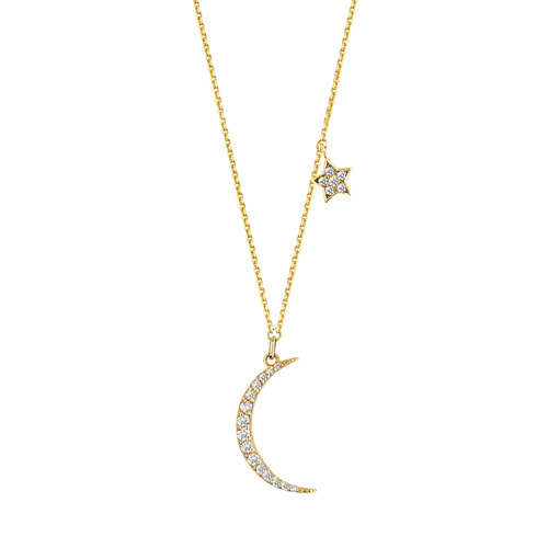 14k Yellow Gold 1/4 ct Diamond Crescent Moon and Star Dangle Necklace