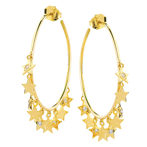 14k Yellow Gold Round Hoop Earrings With Dangling Stars And Diamonds