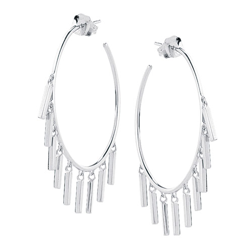 14k White Gold Round Hoop Earrings With Dangle Bars