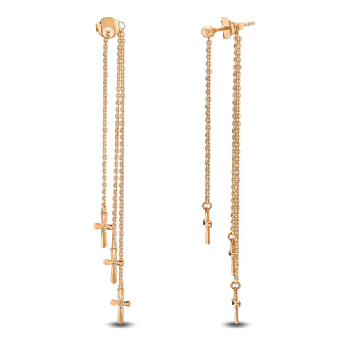 14k Yellow Gold Triple Mini Cross Front to Back Dangle Earrings