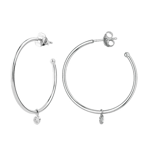 14k White Gold Open Hoop Earrings with Diamond Bezel Dangle