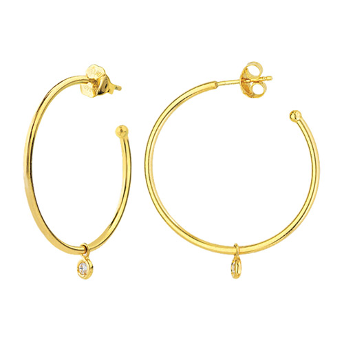 14k Yellow Gold Open Hoop Earrings with Diamond Bezel Dangle
