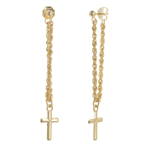 14k Yellow Gold Front To Back Rope Chain Cross Dangle Earrings