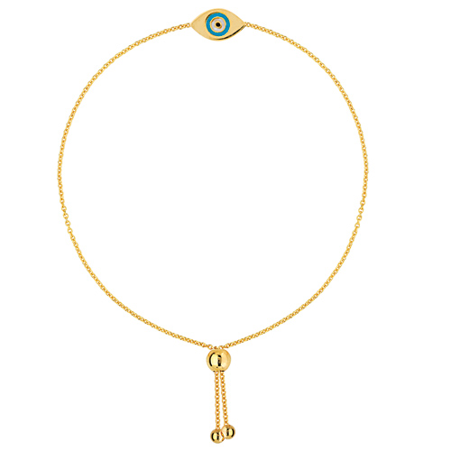 14k Yellow Gold Adjustable Mini Turquoise Enamel Evil Eye Bracelet