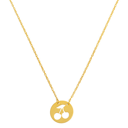 14k Yellow Gold Tiny Cut-out Cherries Disc Necklace