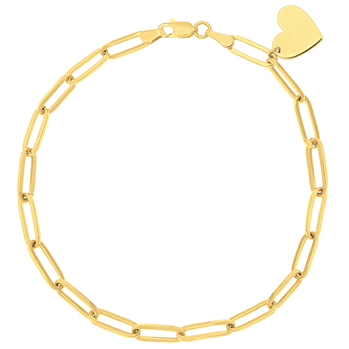 14k Yellow Gold Paper Clip Link Bracelet with Heart Charm