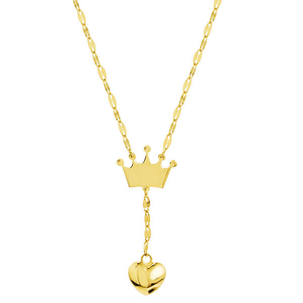 14k Yellow Gold Kid's Crown and Heart Dangle Necklace