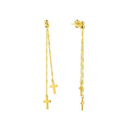 14k Yellow Gold Dangle Crosses Double Strand Earrings High Polish
