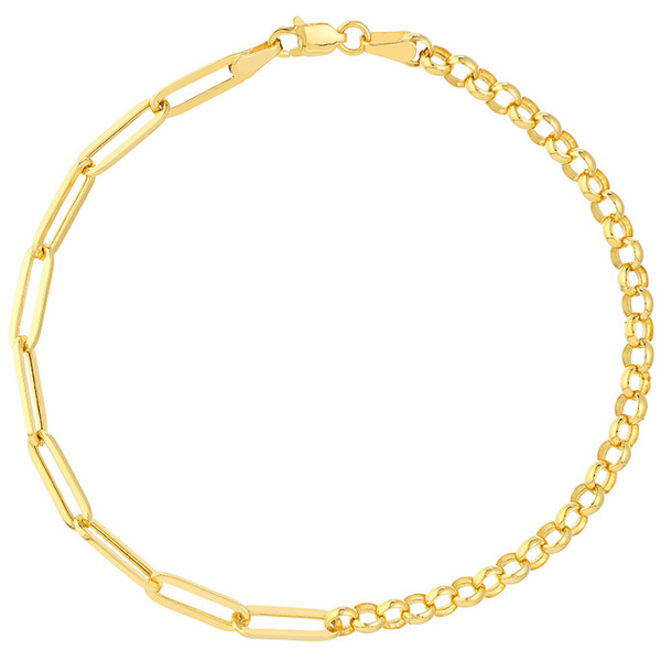 14k Yellow Gold 50/50 Paper Clip and Rolo Chain Bracelet