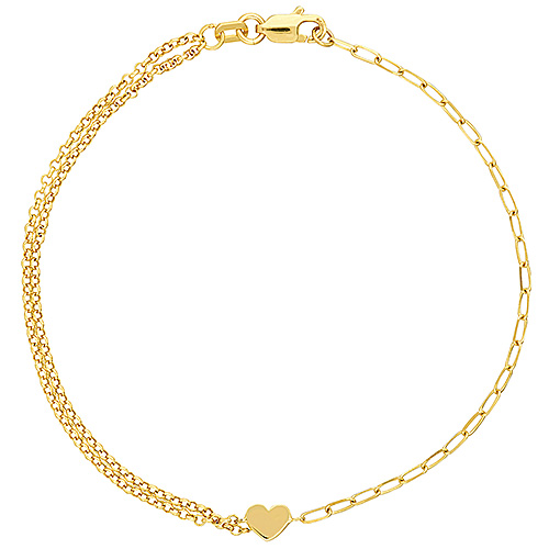 14k Yellow Gold Double Rolo and Paper Clip Heart Bracelet