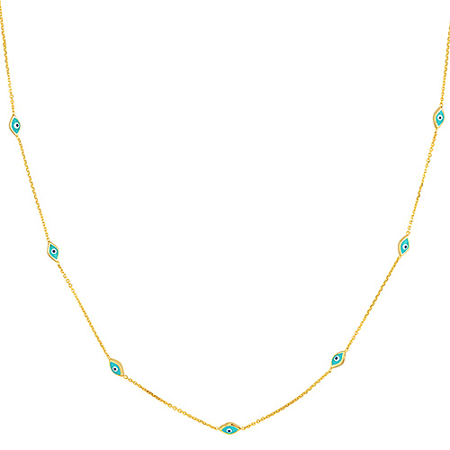 14k Yellow Gold Turquoise Enamel Evil Eye Station Necklace