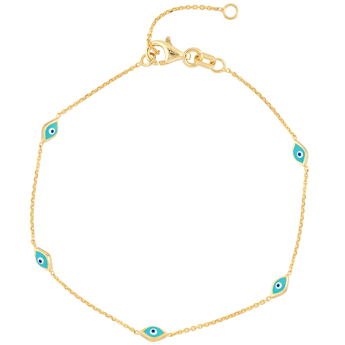 14k Yellow Gold Blue Enamel Evil Eye Bracelet