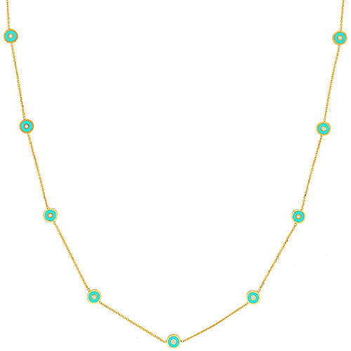 14k Yellow Gold Turquoise Enamel Round Evil Eye Station Necklace