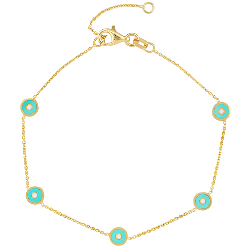 14k Yellow Gold Light Blue Round Evil Eye Charm Bracelet