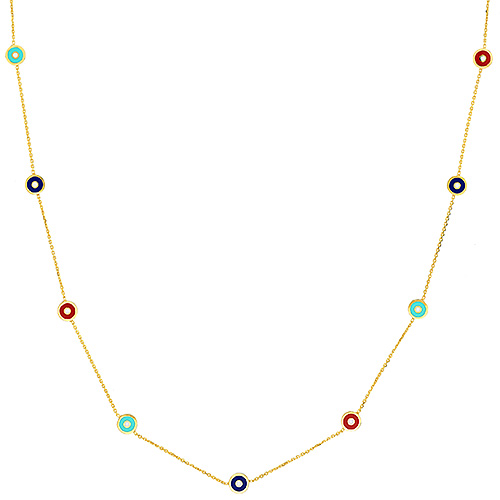 14k Yellow Gold Multi-colored Enamel Round Evil Eye Station Necklace