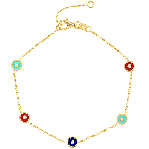 14k Yellow Gold Multi-color Enamel Round Evil Eye Station Bracelet