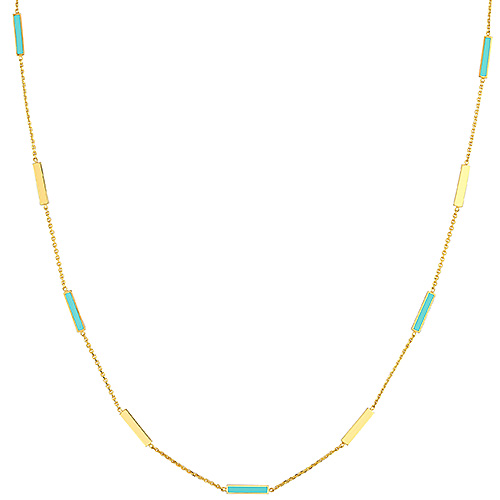 14k Yellow Gold Turqoise Enamel Alternating Bar Station Necklace
