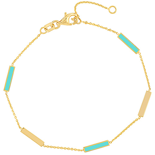 14k Yellow Gold Light Turqoise Enamel Alternating Bar Station Bracelet
