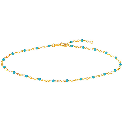 14k Yellow Gold Turquoise Enamel Bead Piatto Link Anklet