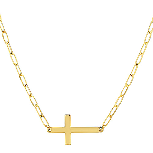 14k Yellow Gold Sideways Cross Slender Paper Clip Necklace