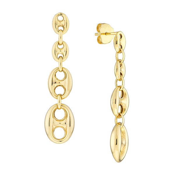14k Yellow Gold Graduated Puff Mariner Link Dangle Earrings