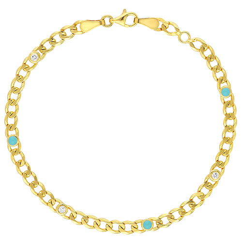 14k Yellow Gold 1/10 ct Diamond Light Turquoise Enamel Bead Curb Link Bracelet