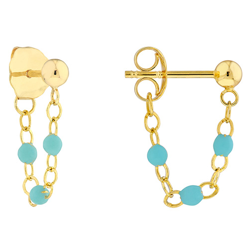 14k Yellow Gold Small Front to Back Turquoise Enamel Bead Earrings
