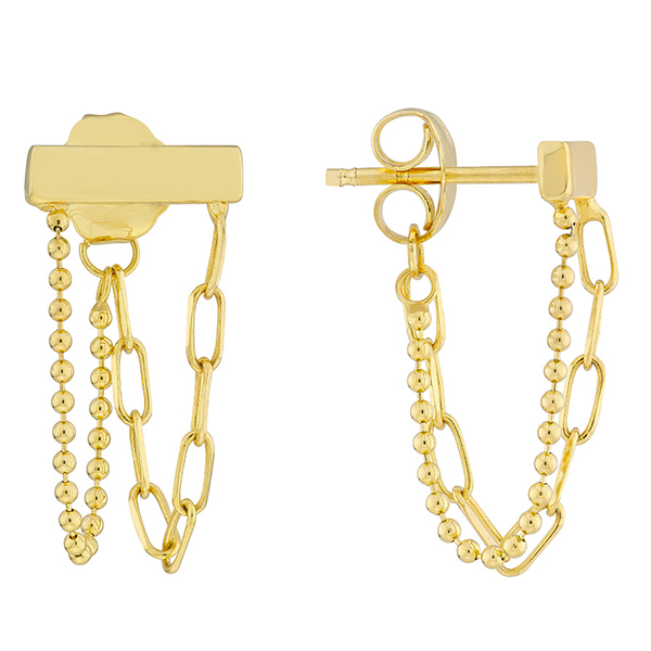 14k Yellow Gold Paper Clip and Bead Chain Bar Front To Back Earrings