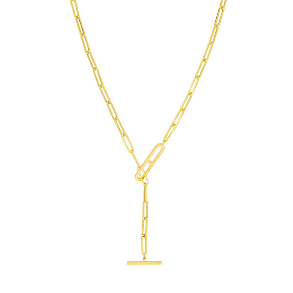 14k Yellow Gold Dangle T Bar Necklace with Paper Clip Links
