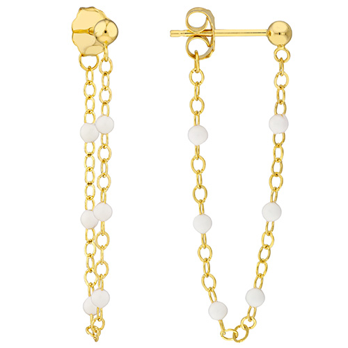14k Yellow Gold Front to Back White Enamel Bead Earrings