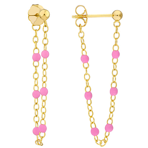 14k Yellow Gold Front to Back Pink Enamel Bead Earrings