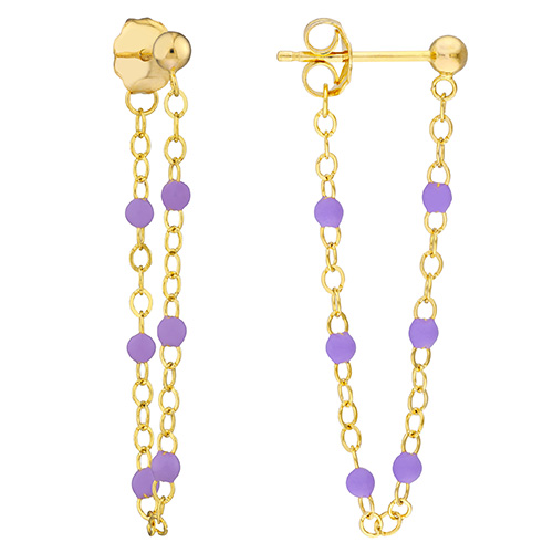 14k Yellow Gold Front to Back Lilac Enamel Bead Earrings