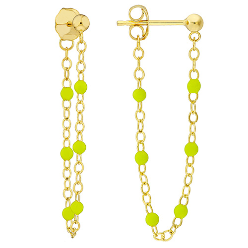 14k Yellow Gold Front to Back Lime Green Enamel Bead Earrings