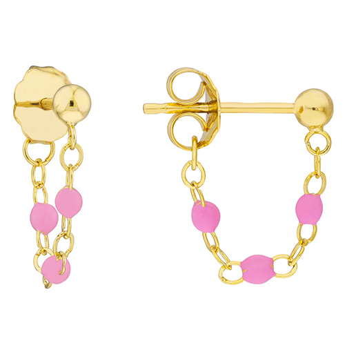 14k Yellow Gold Small Front to Back Pink Enamel Bead Earrings